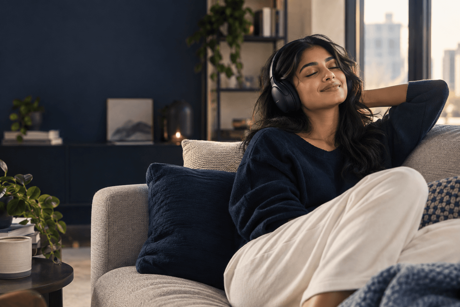 Enjoying music with over-ear headphones