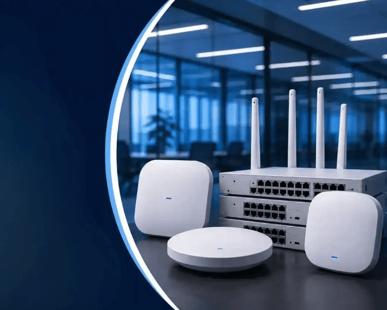 ISP networking and fibre equipment on blue platforms