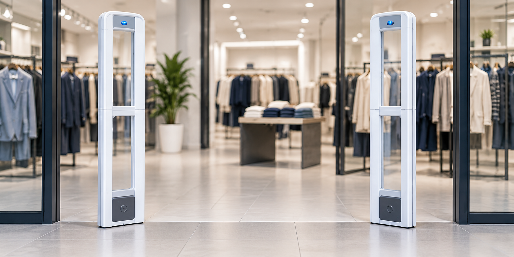 Two anti-theft EAS gates at a clothing shop entrance